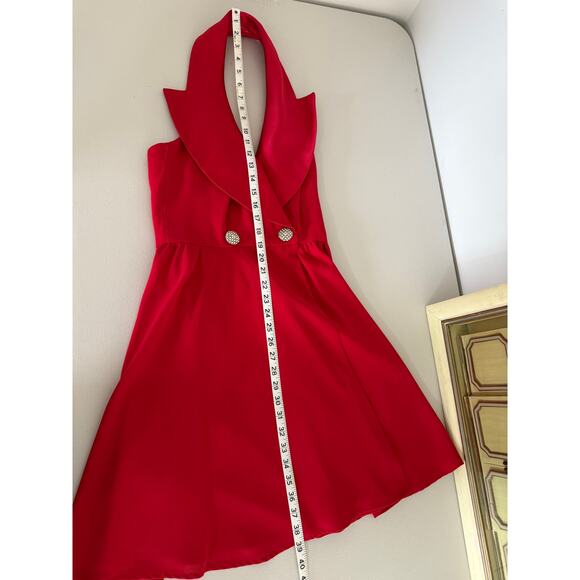 Vintage Vtg 80s 90s Huey Waltzer Red Satin Lapel Halter Cocktail Mini Dress US 2 - Picture 6 of 11